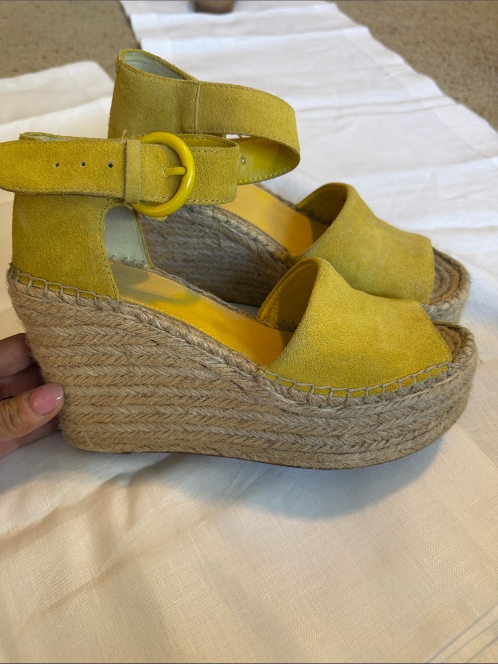 Yellow Suede Espadrille Wedge Sandals with Ankle Strap